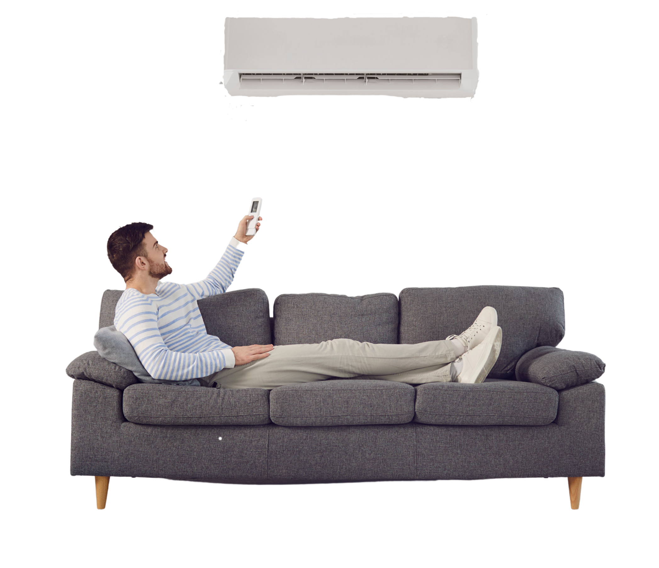 a person sit on a couch enjoying his ac bought and installed by lakhi airconditioners